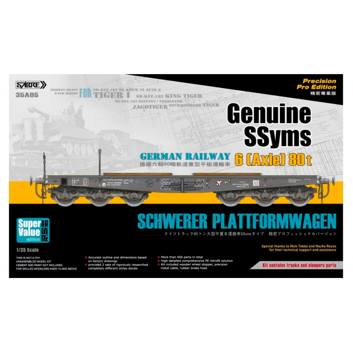Genuine SSyms – German Railway SCHWERER PLATTFORMWAGEN 6-Axle 80ton (Precision Pro Edition) – Super Value Edition, 1/35 scale