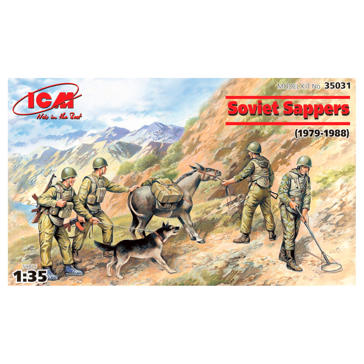 Soviet Sappers (1979-1988) (4 figures – 3 soldiers, 1 sapper, donkey figure, dog figure) 1/35