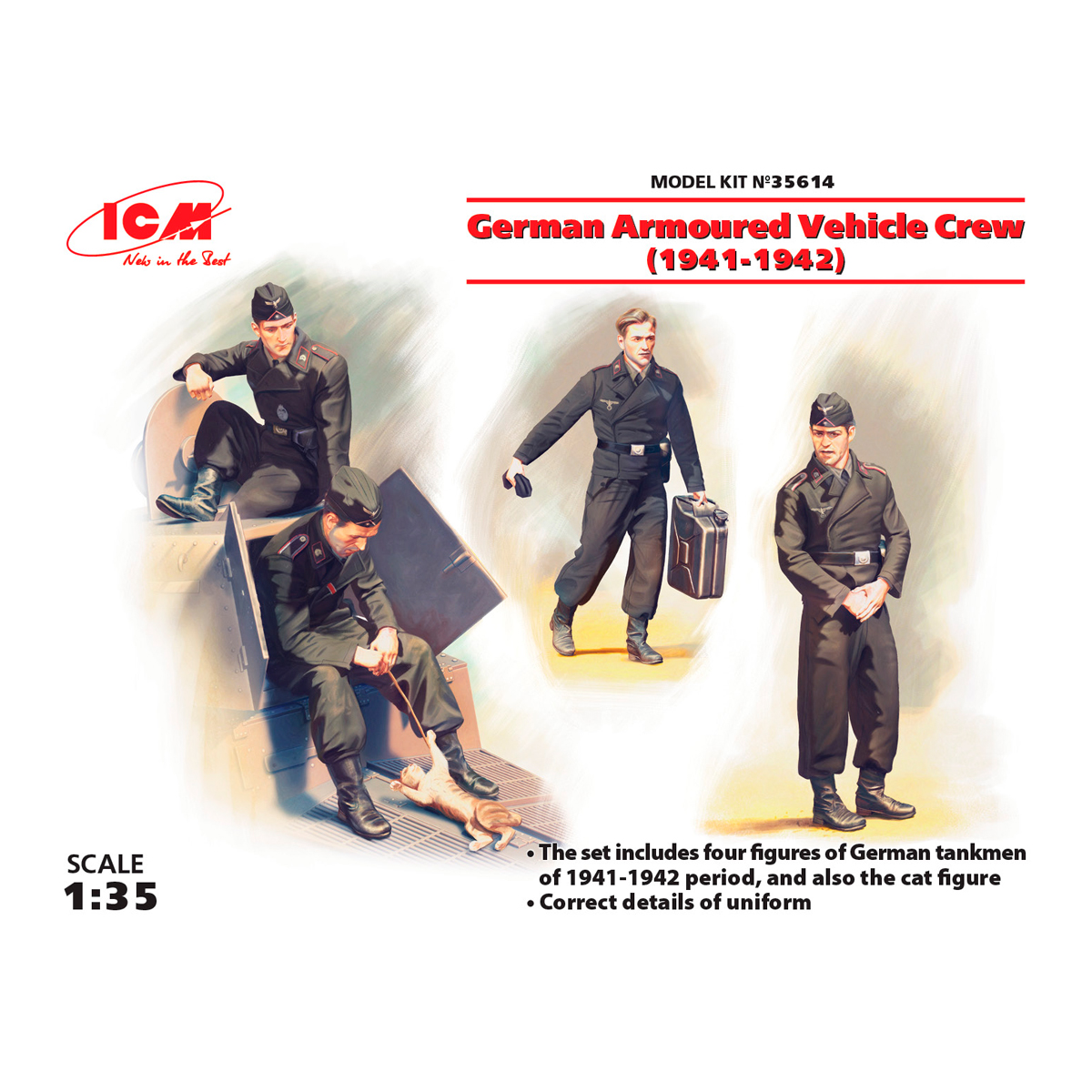 German Armoured Vehicle Crew (1941-1942) (4 figures and cat) (100% new molds) 1/35