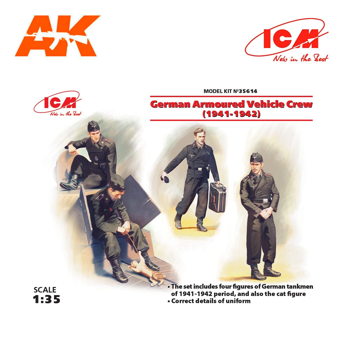 German Armoured Vehicle Crew (1941-1942) (4 figures and cat) (100% new molds) 1/35