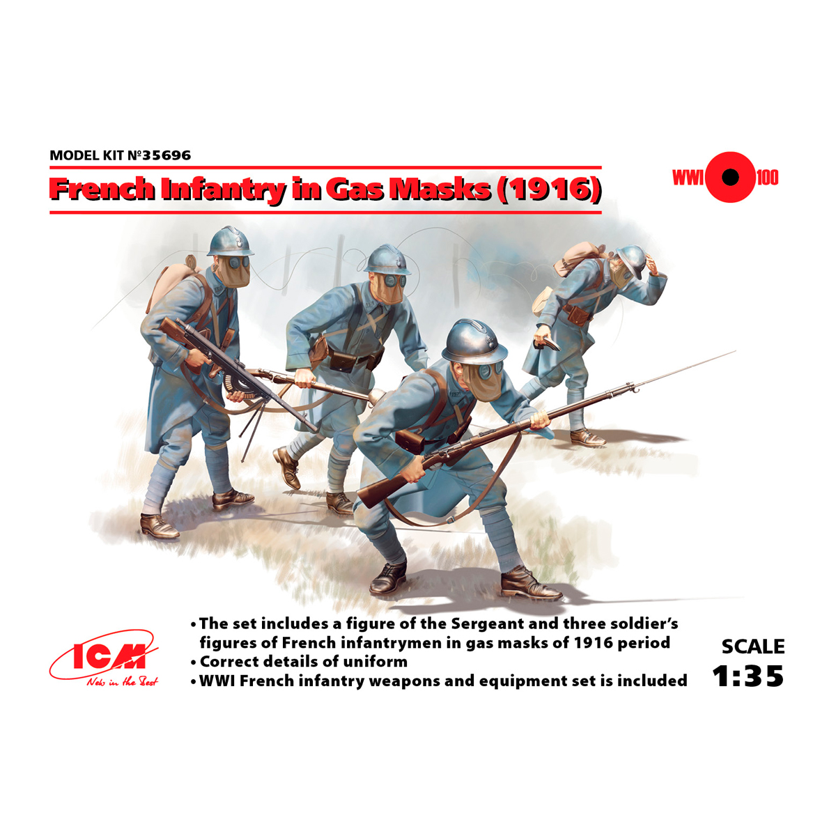 French Infantry in Gas Masks (1916) (4 figures) 1/35