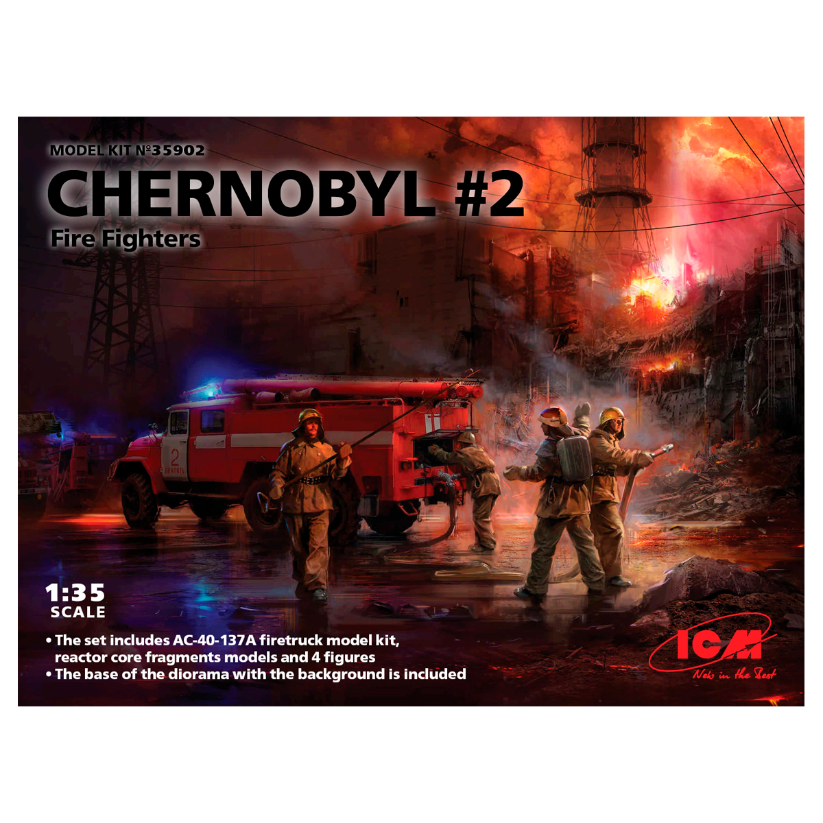 Chernobyl#2. Fire Fighters (AC-40-137A firetruck & 4 figures & diorama base with background) 1/35