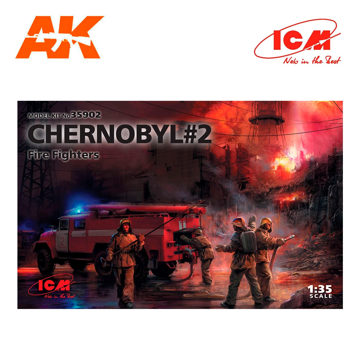 Chernobyl#2. Fire Fighters (AC-40-137A firetruck & 4 figures & diorama base with background) 1/35