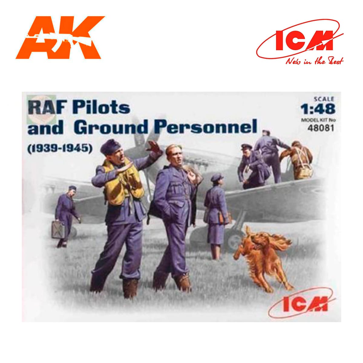 RAF Pilots and Ground Personnel (1939-1945)  (7 figures – 3 pilots, 3 mechanics, 1 WREN member, and dog figure) 1/48