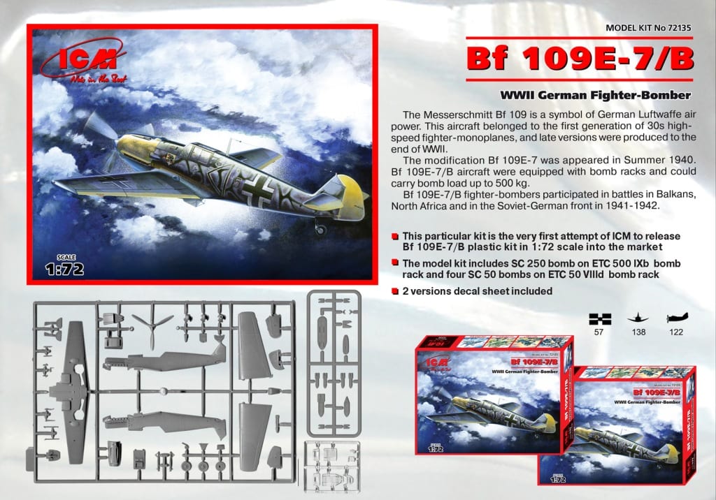 Trop 1/72 Plastic Model Kit ICM 72133 Details about   German Fighter Messerschmitt Bf-109 E7 