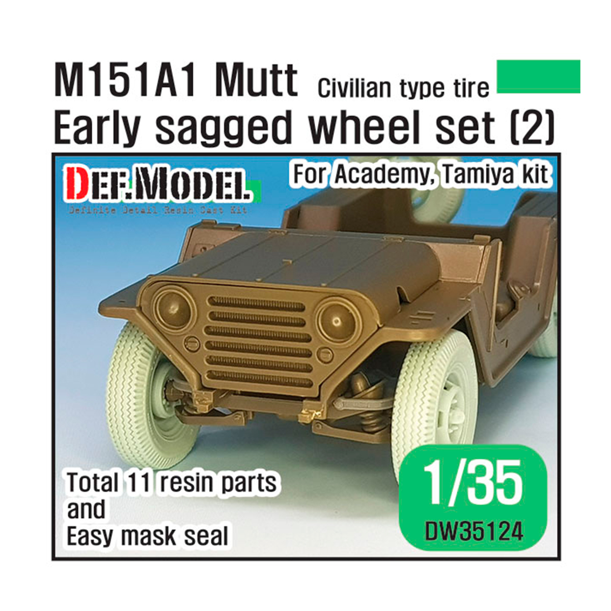 US M151A1 Early sagged wheel set(2)- Civilian tire (for Tamiya/Academy 1/35) (Included front suspension parts)