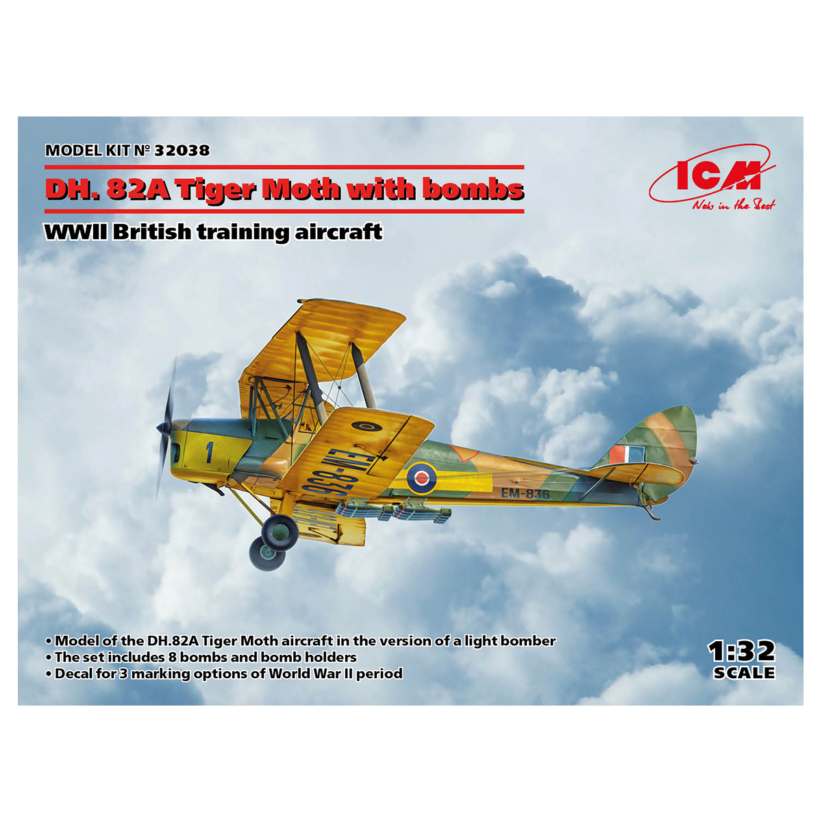 DH. 82A Tiger Moth with bombs,WWII British training aircraft 1/32