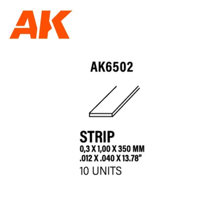 AK6502 Strips 0.30 x 1.00 x 350mm – STYRENE STRIP – (10 units)