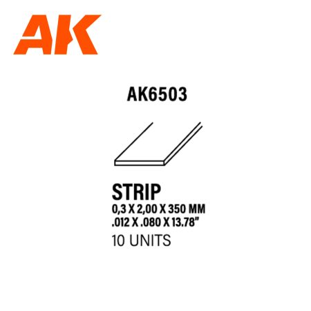 AK6503 Strips 0.30 x 2.00 x 350mm – STYRENE STRIP – (10 units)
