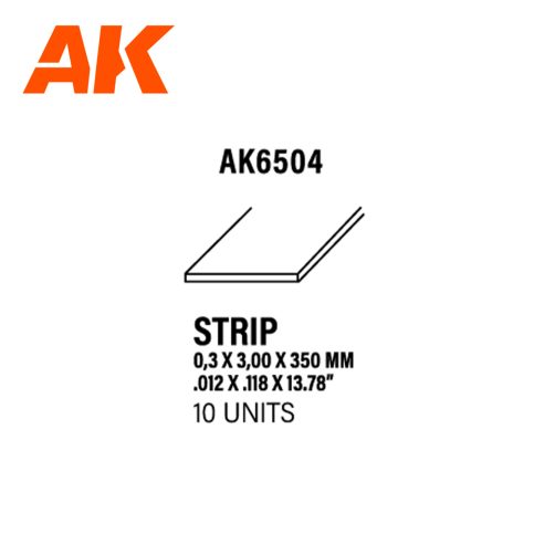 AK6504 Strips 0.30 x 3.00 x 350mm – STYRENE STRIP – (10 units)