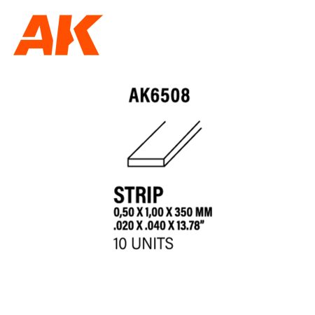 AK6508 Strips 0.50 x 1.00 x 350mm – STYRENE STRIP – (10 units)