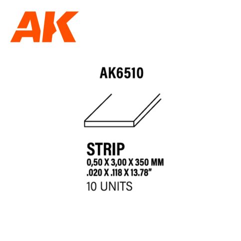 AK6510 Strips 0.50 x 3.00 x 350mm – STYRENE STRIP – (10 units)