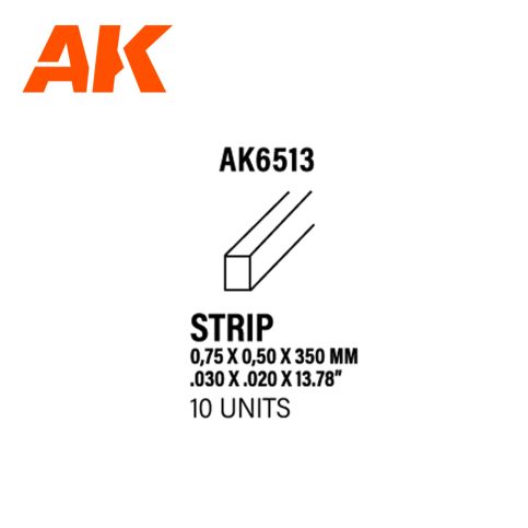 AK6513 Strips 0.75 x 0.50 x 350mm – STYRENE STRIP – (10 units)