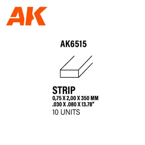AK6515 Strips 0.75 x 2.00 x 350mm – STYRENE STRIP – (10 units)