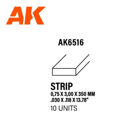AK6516 Strips 0.75 x 3.00 x 350mm – STYRENE STRIP – (10 units)