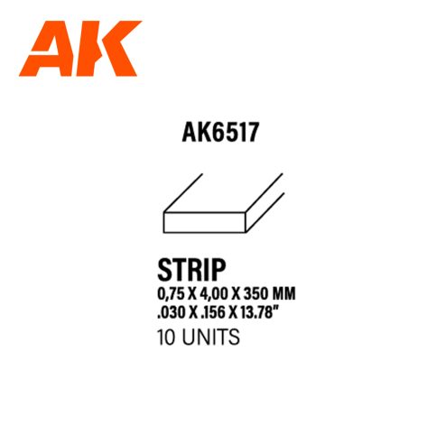 AK6517 Strips 0.75 x 4.00 x 350mm – STYRENE STRIP – (10 units)
