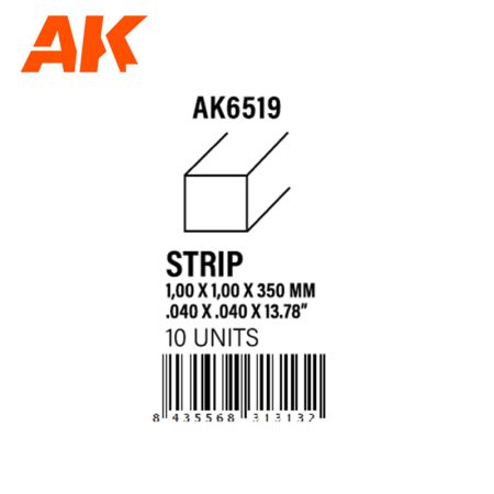 AK6519 Strips 1.00 x 1.00 x 350mm – STYRENE STRIP – (10 units)