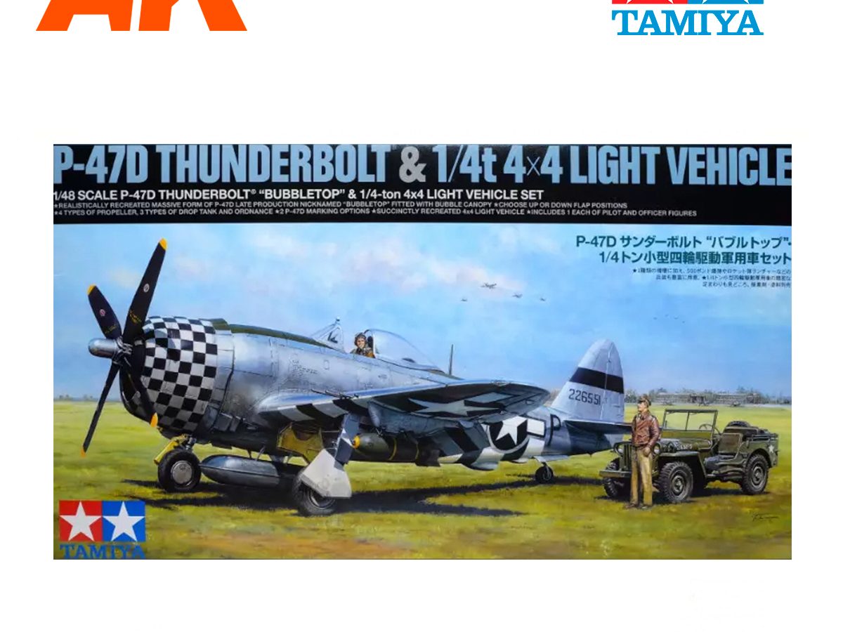 TAM25214 1:48 Tamiya P-47D Thunderbolt Bobbletop & 1/4t 4x4 Light Vehicle  [2 kits] - Sprue Brothers Models LLC