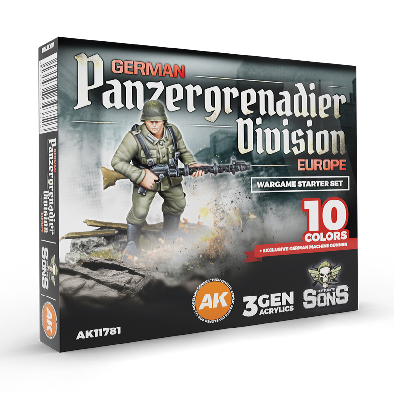 GERMAN PANZERGRENADIER DIVISION, EUROPE – WARGAME STARTER SET – 10 COLORS & EXCLUSIVE FIGURE (GERMAN MACHINE GUNNER)