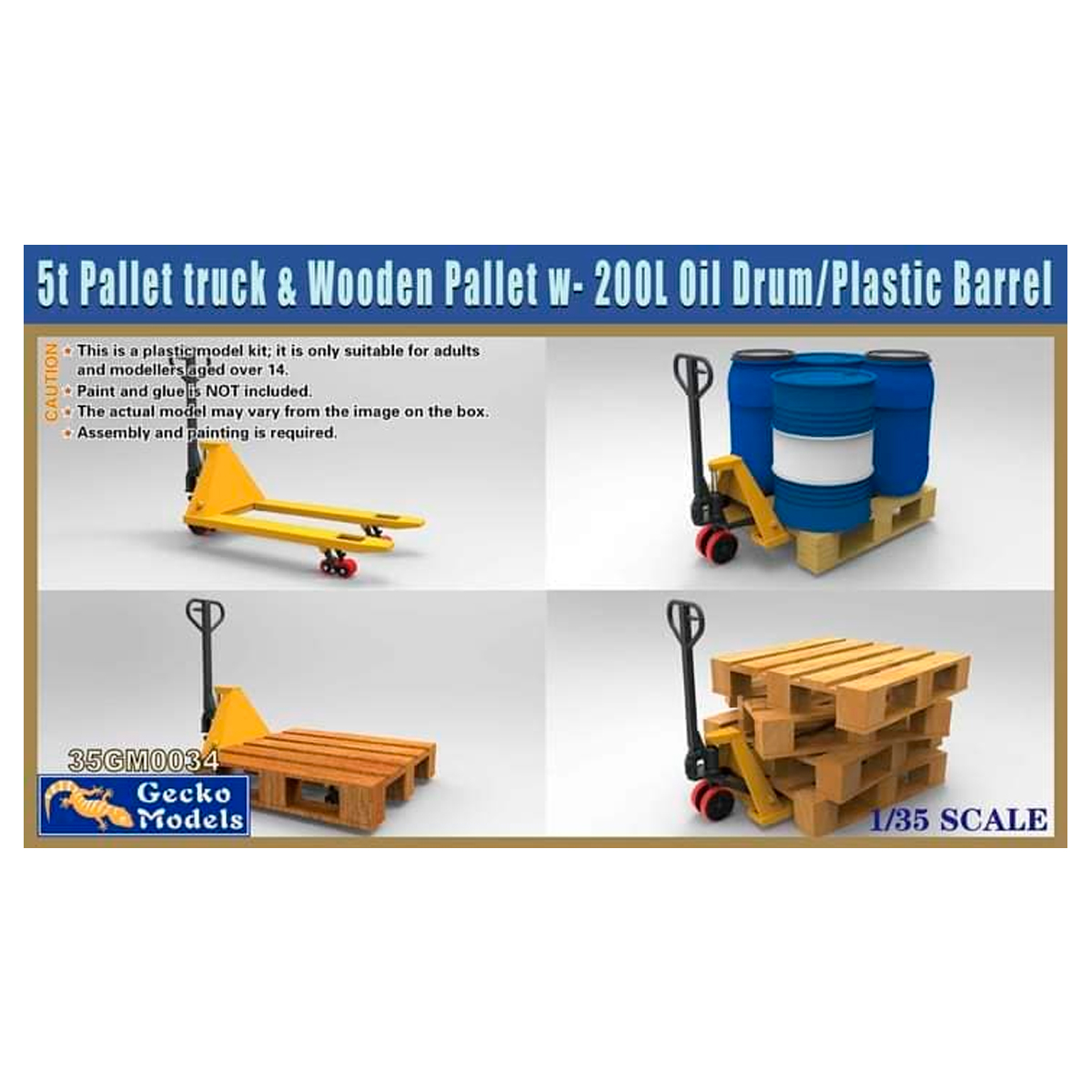 1/35 5t Pallet Truck & Wooden Pallet with 200 Litre Oil Drum and Plastic Barrel