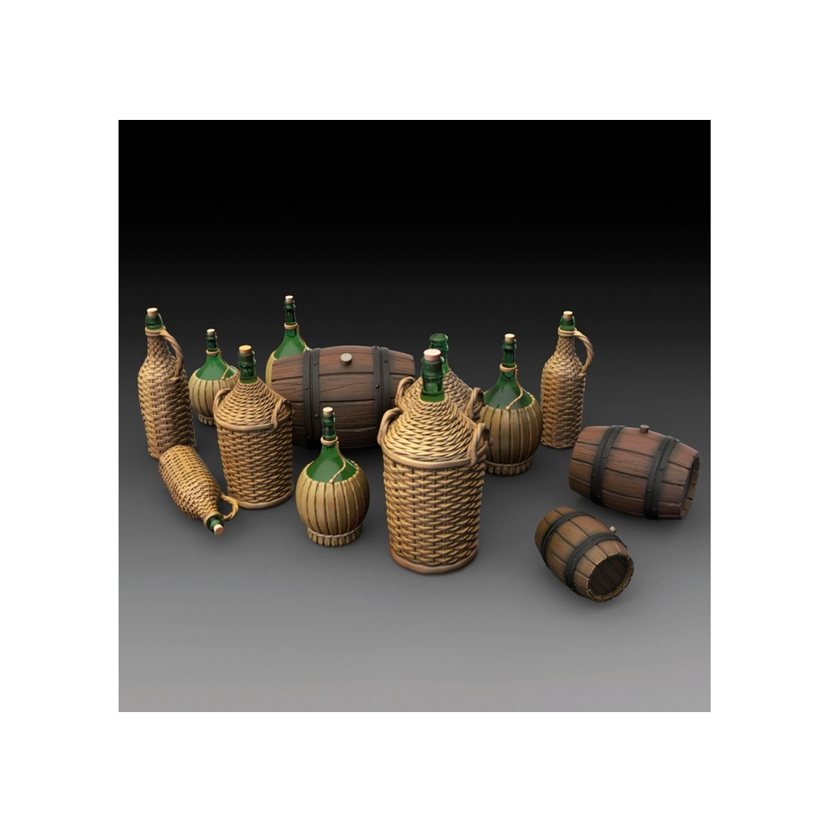 Wicker Bottles Demijohn Glass and small barrels 1/35