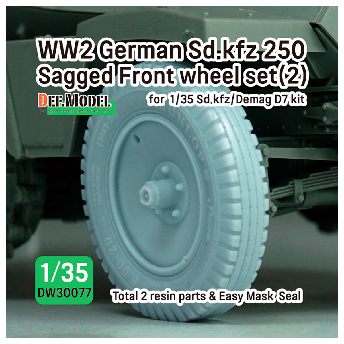 WW2 German SD.Kfz 250 Sagged wheel set (2) – (for 1/35 Sd.kfz 250, Demag D7 kit)
