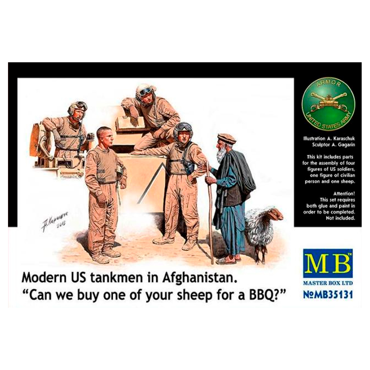 Modern US tankmen in Afghanistan. “Can we buy one of your sheep for a BBQ?” 1/35