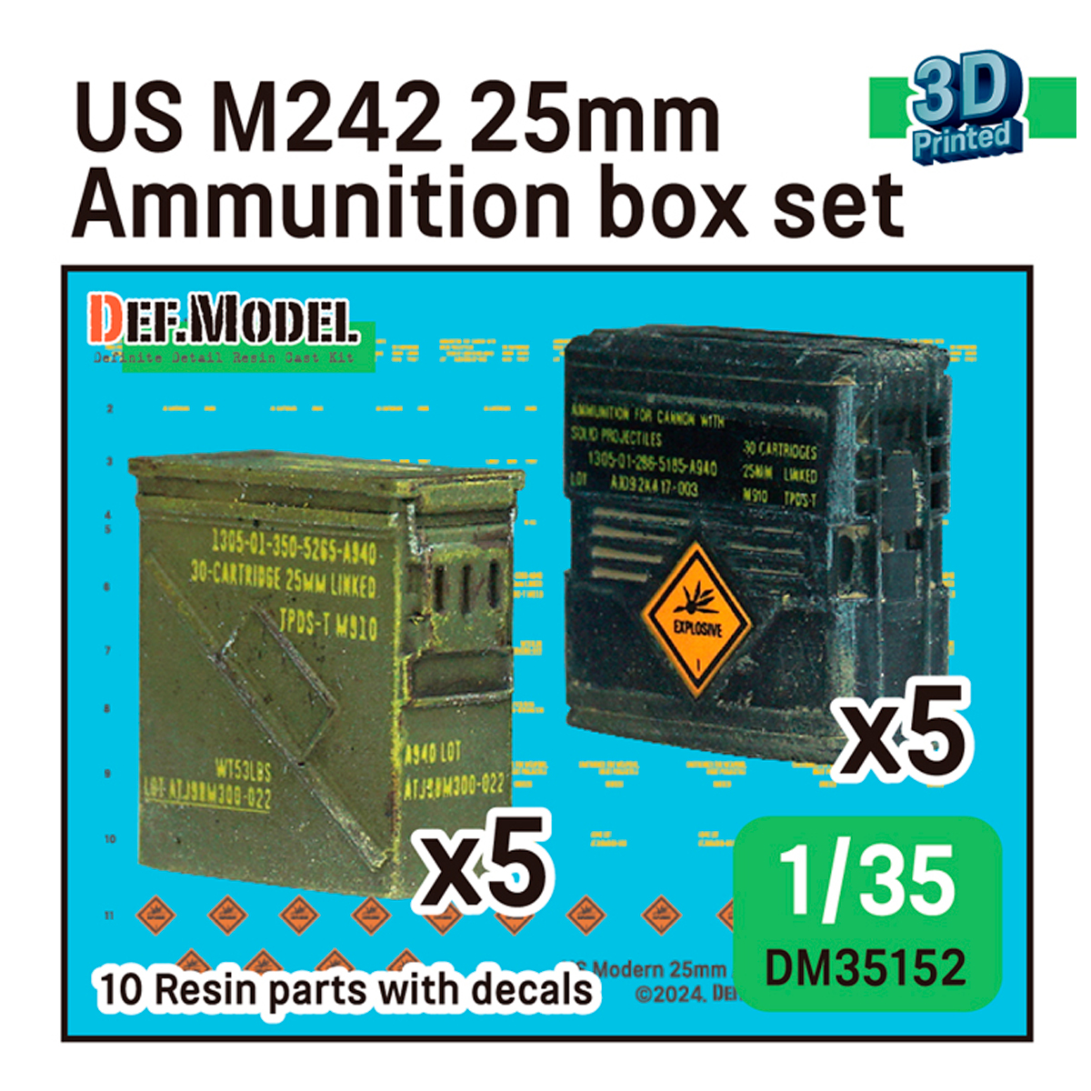 US M242 25mm Ammunication box set (for 1/35 kit) – 3D printed (10 pieces and decals)