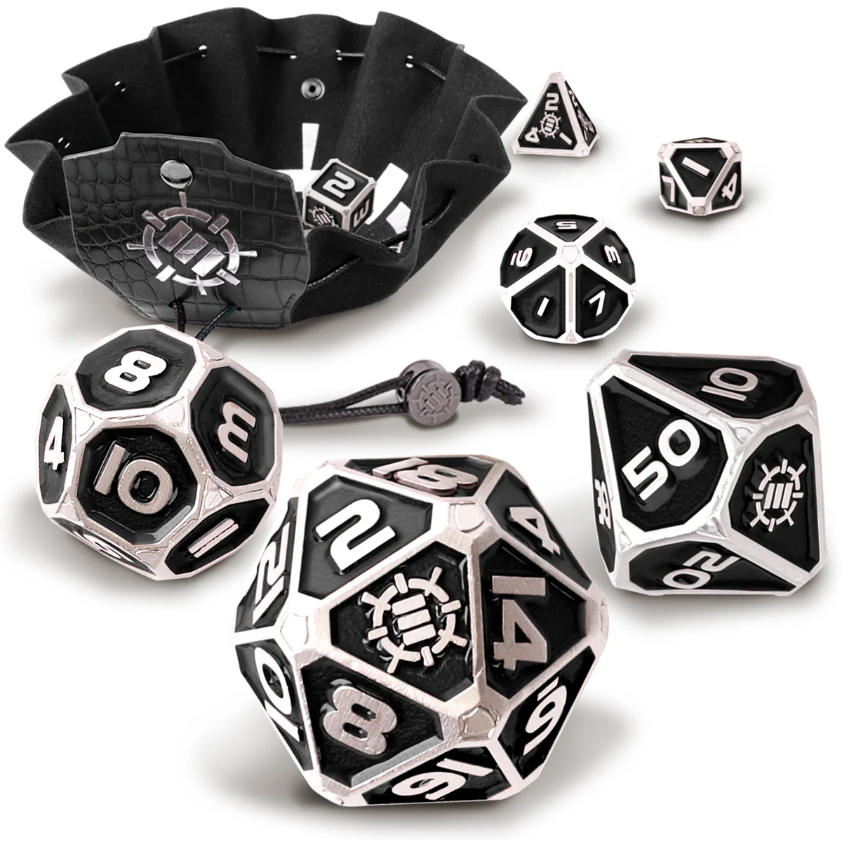 ENHANCE DnD 7pc Metal Dice with 2-in-1 Dice Bag/Tray (Collector Edition Black)