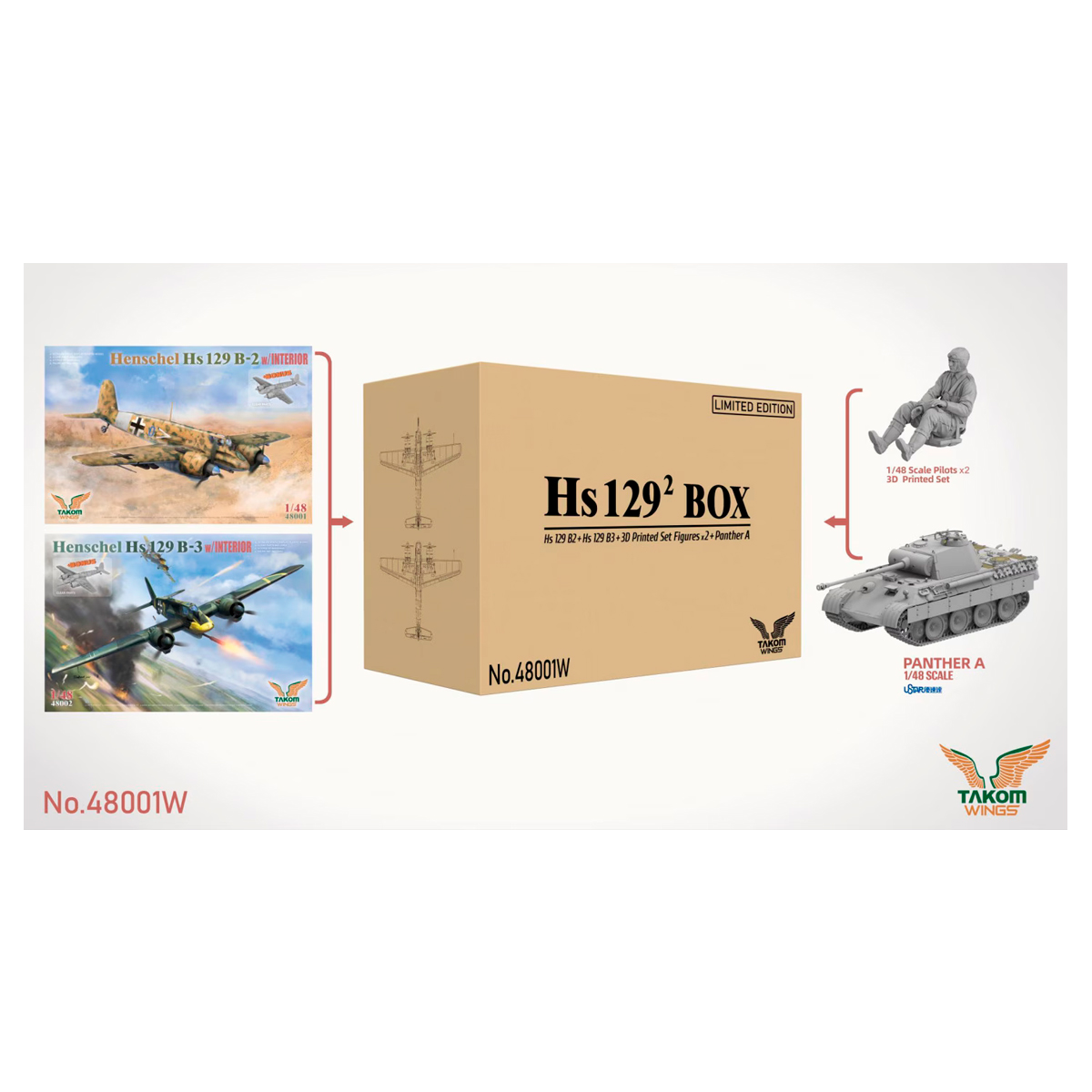 1/48 Hs 129 Box (Hs 129 B-2 + B-3 + 3D Printed Figures+Panther A)