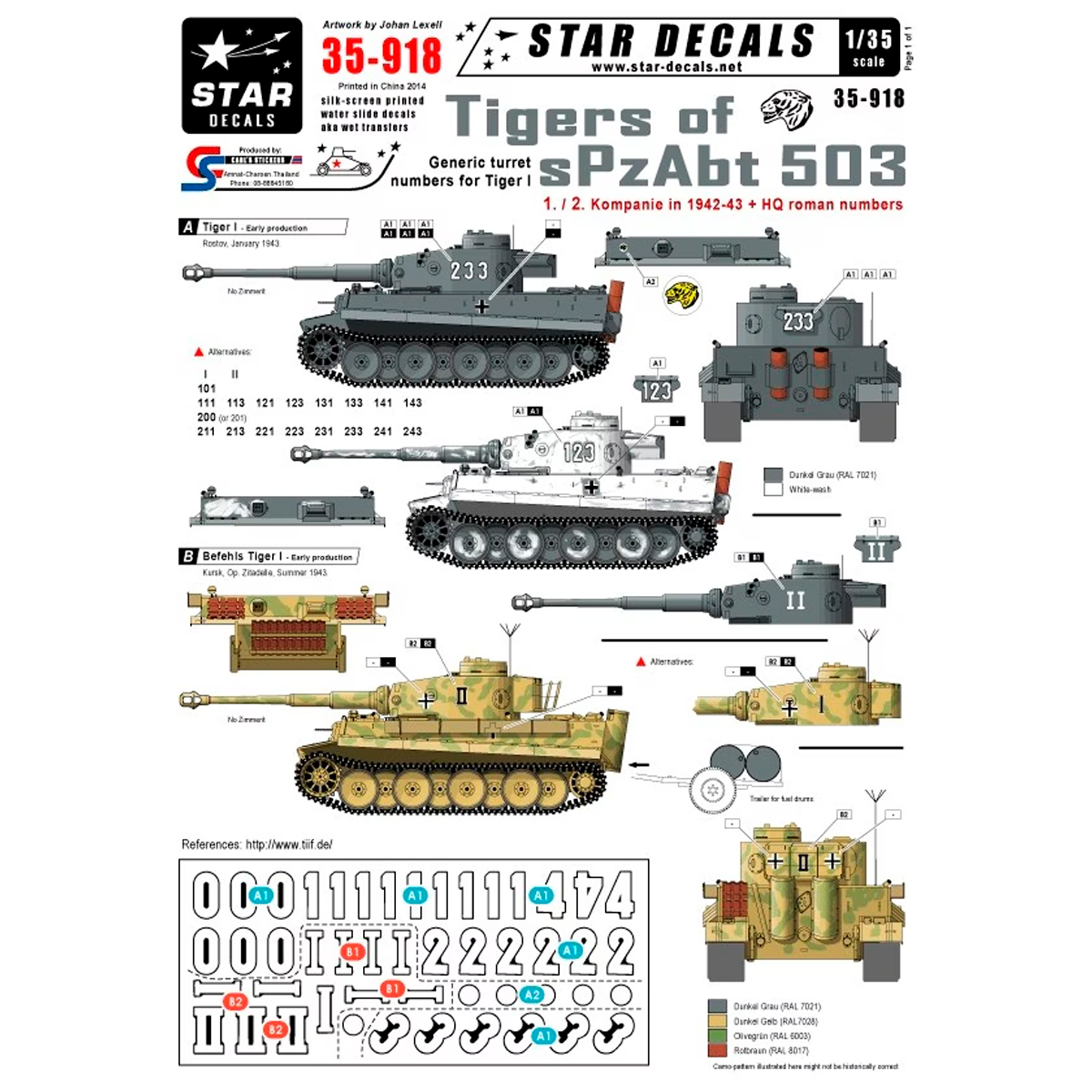 STAR DECALS 1/35 Tigers of sPzAbt 503 Pt 1 Generic Turret Numbers 1./2. Kompanie in 1942 + HQ Roman Numbers