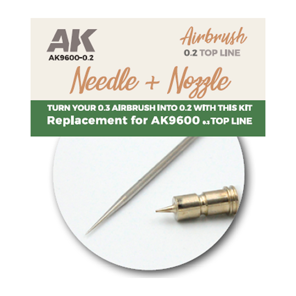 NEEDLE + NOZZLE 0.2 REPLACEMENT FOR AK9600 – AGUJA + BOQUILLA 0,2 PARA AERÓGRAFO AK9600