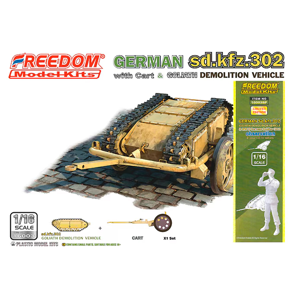 1/16 Sd.kfz. 302 Goliath Demolition Vehicle with cart & German Soldier 1944 Observation