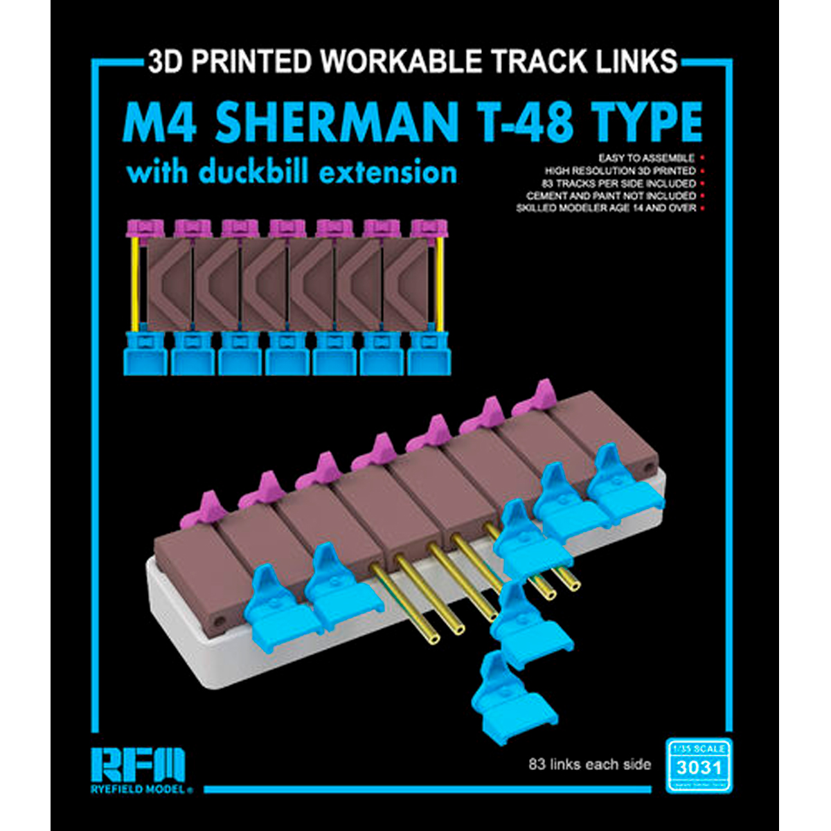 1/35 M4 SHERMAN T-48 type workable tracks with duckbill extension (3D printed)