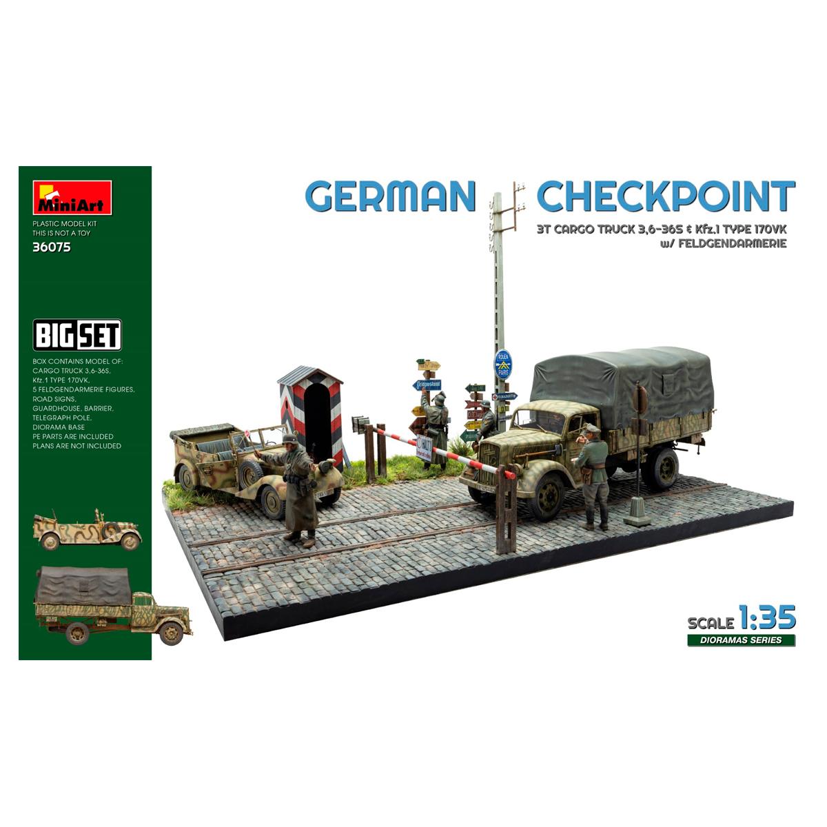 1/35 German Checkpoint. 3T Cargo Truck 3,6-36S & Kfz.1 Type 170Vk w/ Feldgendarmerie. Big Set